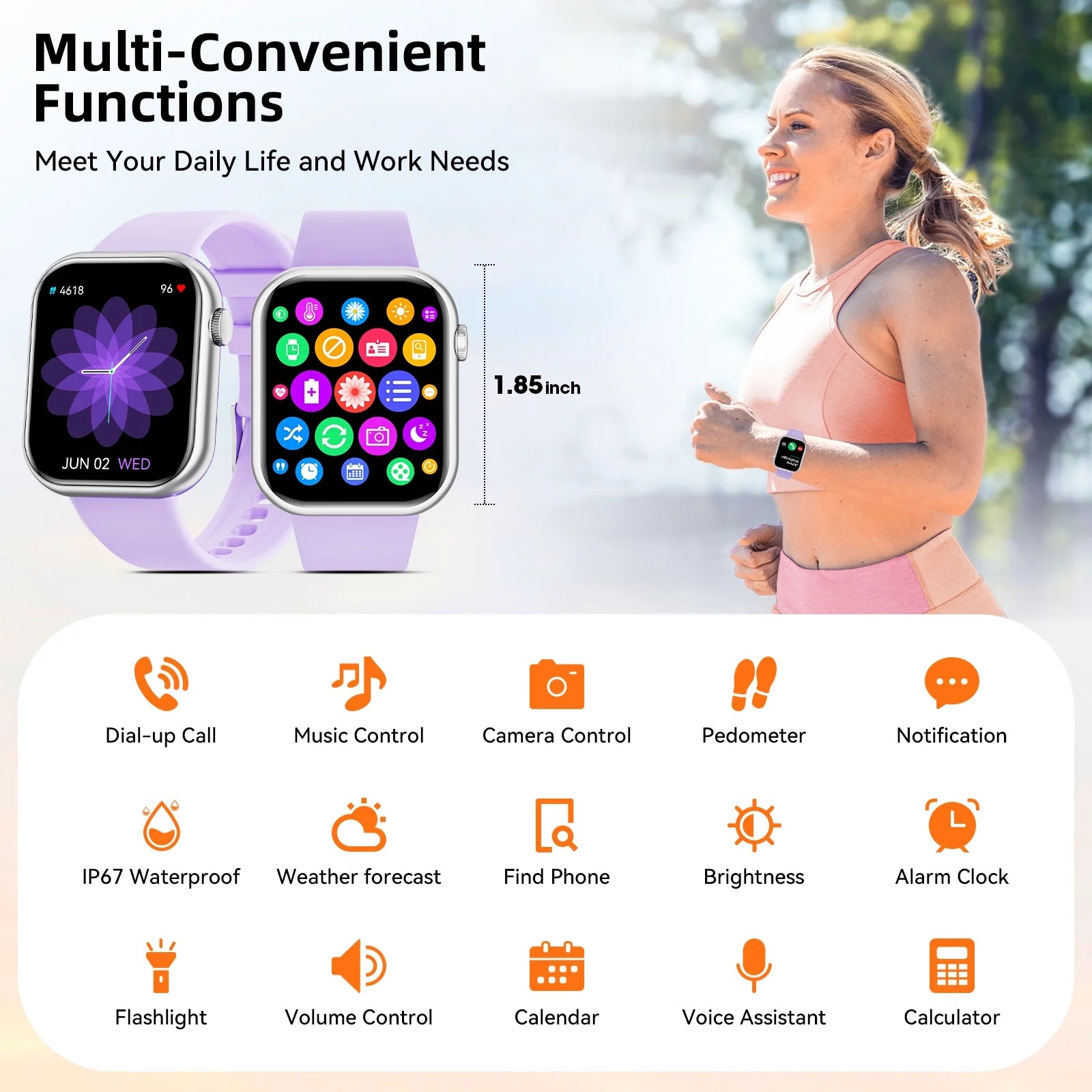 Smart Watch Women for Android Iphone with Fitness Tracker Heart Rate Monitor IP67 Waterproof, Purple