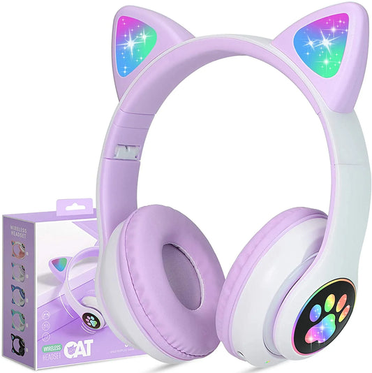 Kids Headphones,  Cat Ear Wireless Headphones, LED Light up Kids Bluetooth Headphones over on Ear Black